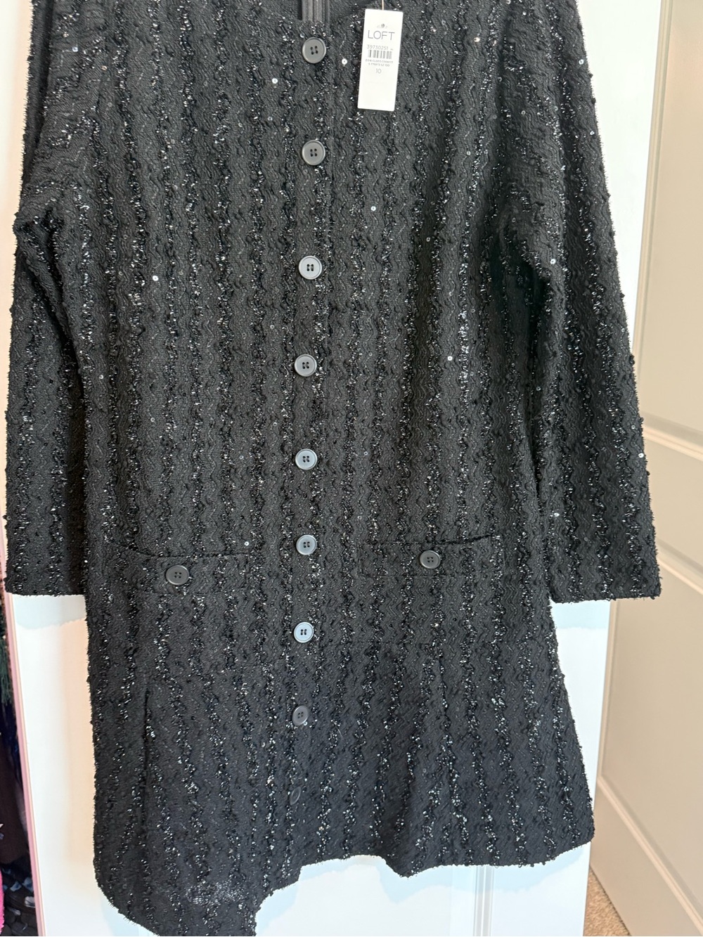 LOFT Black Sequin-Textured Long Sleeve Button Dress